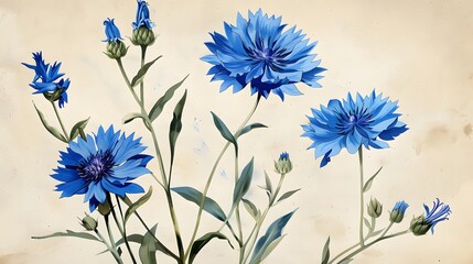Antique botany illustration of wild flowers: Corn Blue bottle, Centaurea Cyanus - obrazy, fototapety, plakaty