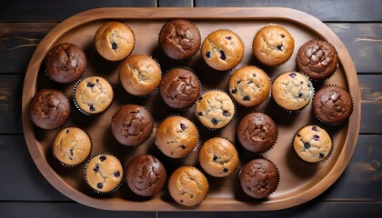Obraz premium View ro above of a variety of muffins on a wooden plate, chocolate chips, chocolate, cocoa, vanilla, nuts ones