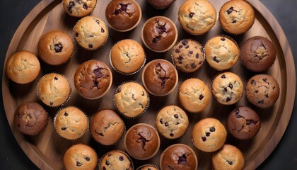 Obraz premium View ro above of a variety of muffins on a wooden plate, chocolate chips, chocolate, cocoa, vanilla, nuts ones