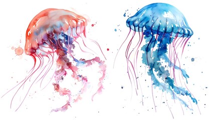 Watercolor jellyfish animal on a white background illustration - obrazy, fototapety, plakaty