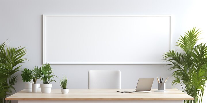 Blank picture frame on white wall in modern office. Mock up, 3D Rendering