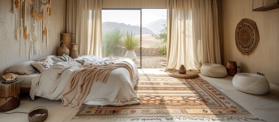 Serene Desert Bedroom Oasis with Billowing Curtains and Moroccan Textiles