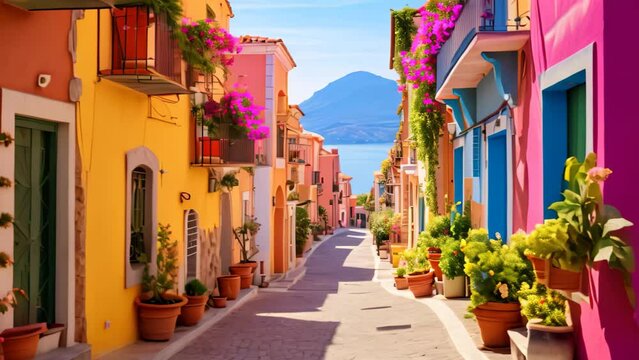 Street with colorful houses in Burano island, Venice, Italy, AI Generated