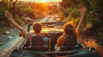 Vacationing couple on a road trip having fun driving a convertible while raising their arms to the sky at sunset - obrazy, fototapety, plakaty