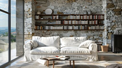 White sofa against stone wall with book shelves. Farmhouse home interior design of modern living room.
