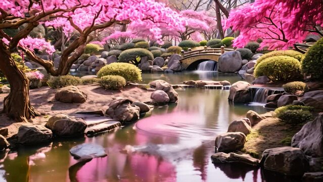 Beautiful Japanese garden with cherry blossom and pond in spring time, AI Generated