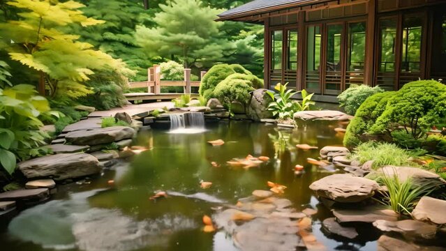 Japanese garden with koi fish in the pond, japanese style, AI Generated