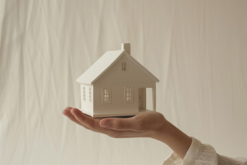 Fototapeta na wymiar House Hunt: Hand Presents White Model House