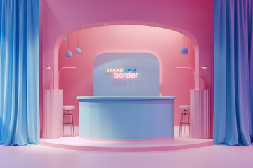A mockup of an exhibition stand with the text "STANDgrab border" on it, pink and blue colors, colorful background, front view, high resolution, highly detailed, with realistic shadows, product photogr