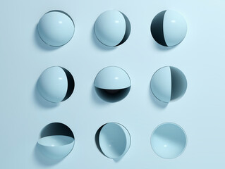 Abstract light blue mock up background with blue sphere  caps and round holes; minimal geometric concept space with cylindrical holes in wall; 3d rendering, 3d illustration