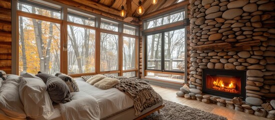 Cozy Cabin Bedroom Retreat Nestled in Scenic Forest Landscape with Warm Stone Fireplace