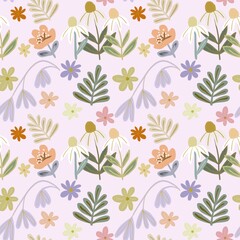 Seamless floral pink pattern with hand drawn flowers. Spring background. Perfect for fabric design, wallpaper, batik, ceramic, shirt, apparel.