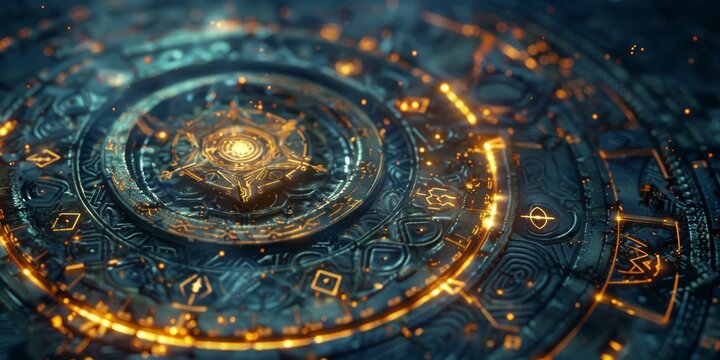 A mystical, glowing rune texture, symbolizing old technology and the magical elements that permeate the land, with intricate patterns and ethereal light created with Generative AI Technology