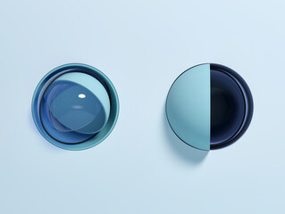 Abstract light blue mock up background with two blue sphere  caps and round holes; minimal geometric concept space with cylindrical holes in wall, moon phases concept, 3d rendering, 3d illustration