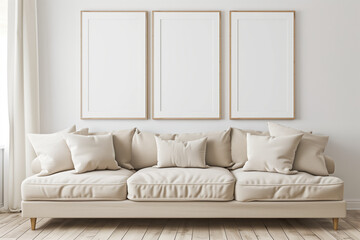 A white couch with three pillows on it sits in a room with white walls. The couch is the main focus of the image, and it is inviting and comfortable. The room has a clean and minimalist look