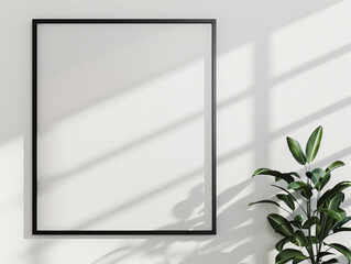 Poster and wall art mockup for displaying drawings or photography artworks. A blank, black framed white canvas with a plant in the background in a room with simple interior design.