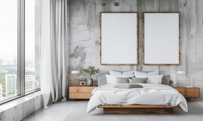 A large bedroom with a white bed and two white framed pictures on the wall. The room has a modern and minimalist design, with a wooden bed frame and a rug on the floor. The curtains are drawn