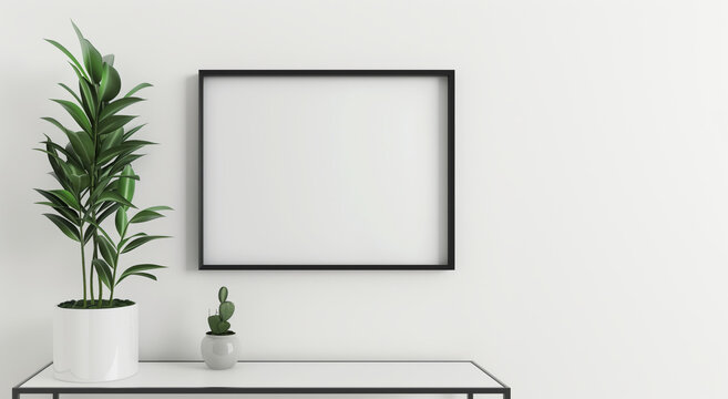 A black framed television sits on a white shelf next to a potted plant. Concept of simplicity and minimalism