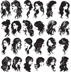 Collection of women hairs style icons, vector illustration of female face with long hair cut, hair styles, silhouette, 