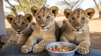 A group of lion cubs sit next to the bowl with food.  National Siblings day