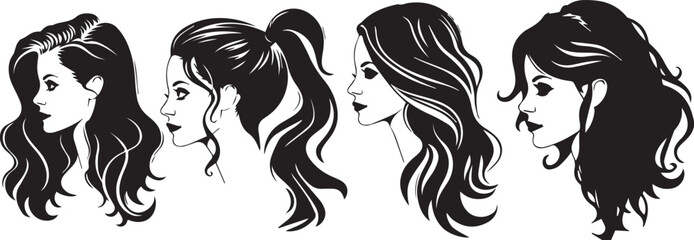 Portrait of beautiful girls with a hair styles, a women in profile with long hairs, icons, logo