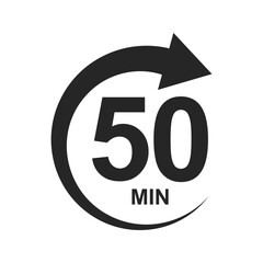 Fifty minutes icon with circle arrow. 50 min countdown sign. Stopwatch symbol. Sport or cooking timer isolated on white background. Delivery, deadline, duration pictogram. Vector graphic illustration.