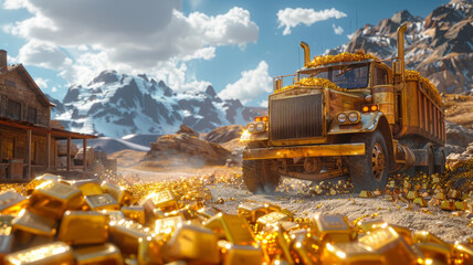 Trucks dumped lots of gold bars and gold sand next to the gold house,generative ai - obrazy, fototapety, plakaty