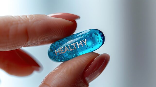 Close up of fingers holding a blue medicine capsule with "HEALTHY" written on it. Pharmacy and medicine background.