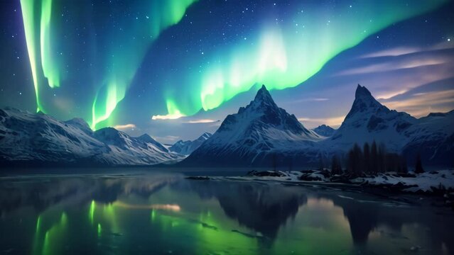 A breathtaking photo capturing the beauty of a vivid green and blue aurora borealis dancing over a peaceful lake, The ethereal beauty of the Northern Lights, AI Generated