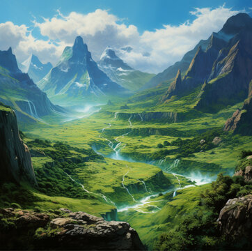 lemuria, lemurian continent,  landscape,valley,paradise ,Village where people live