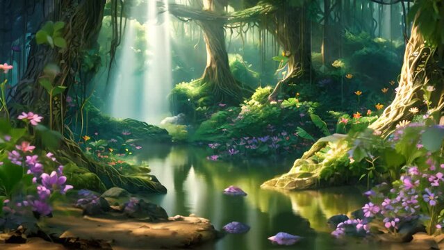 A vibrant painting showcasing a serene forest filled with colorful flowers and a flowing stream, The heart of a dense, mystic rainforest with glowing flora, AI Generated