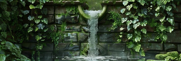 A mystical fountain texture, with ancient stone covered in moss and ivy, and water that flows with the promise of eternal life created with Generative AI Technology - obrazy, fototapety, plakaty