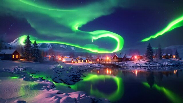 A stunning photo captures the captivating sight of an aurora borealis illuminating a small town and lake, The northern lights glowing brightly over a quiet, snowy village, AI Generated