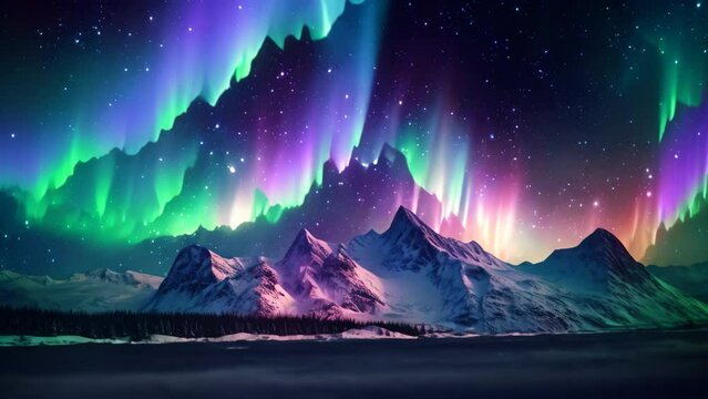 Captivating photo showcasing the awe-inspiring Aurora Borealis dancing above a majestic mountain range, The northern lights over a snow-capped mountain range, AI Generated