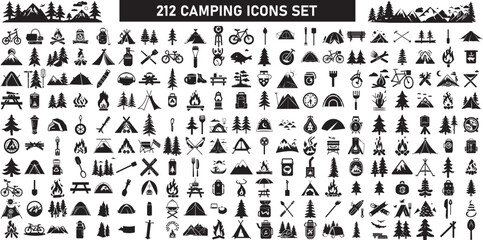 Collection camping vector icons set. travel, tour, camping, camping tent, camping light, camping gadgets, camping stick, bone fire, 
