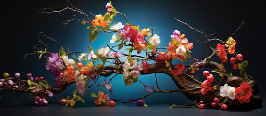 Displaying a vase filled with a tree decorated with beautiful flowers and intricate branches
