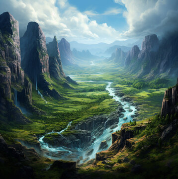 lemuria, lemurian continent,  landscape,valley,paradise ,Village where people live