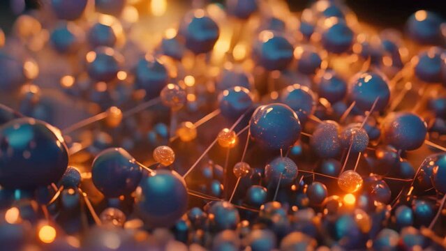 An array of blue and red balls creating an eye-catching composition on a sleek black background, Vibrant nanotechnology atoms assembling and disassembling, AI Generated