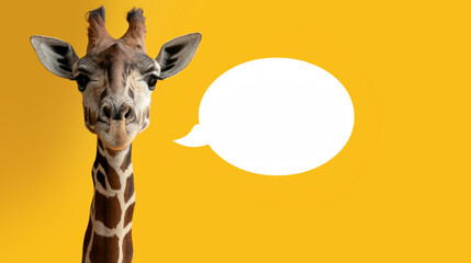 Dialogbereite Giraffe: Eine Giraffe schaut direkt in die Kamera mit einer leeren Sprechblase auf gelbem Hintergrund. - obrazy, fototapety, plakaty