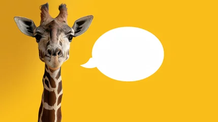Foto op Canvas Dialogbereite Giraffe: Eine Giraffe schaut direkt in die Kamera mit einer leeren Sprechblase auf gelbem Hintergrund. © Fotosphaere