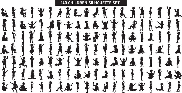 Set of children silhouettes, dancing boy and girls silhouette, clapping, running, emotions, children silhouette set boys girls, collection of kids silhouettes 