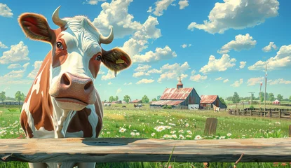 Foto auf Leinwand Quaint Cartoon Cow on Farm Background Microstock Gem © jesica