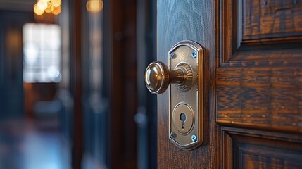 Close-up doorknob of wooden door. Premium door lock security company background. - obrazy, fototapety, plakaty