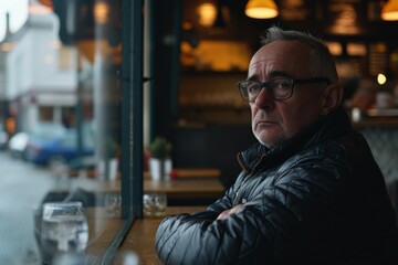 Portrait of a senior man with glasses sitting in a pub.