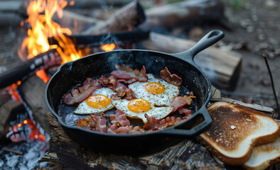 Outdoor Cooking Cast Iron Pan with Bacon and Eggs by Campfire