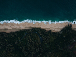 Aerial view of a Hawaii coastline from above. 