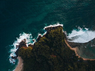 Aerial view of a Hawaii coastline from above. 
