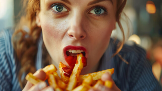 Schneller Snack im Arbeitsstress: Eine junge Gesch&auml;ftsfrau isst angewiedert schnell Ihre Pommes w&auml;hrend einer kurzen Pause.

