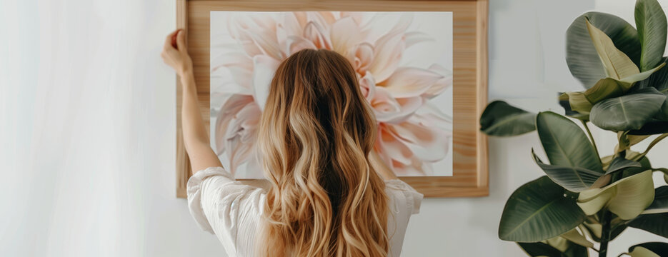 A woman is hanging a picture on the wall. The picture is of a flower, and the woman is holding a frame. Scene is calm and peaceful, as the woman is taking care of her home decor