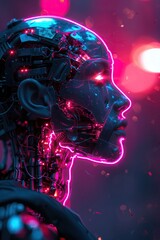 A cyborg with a heart of plasma and a mind of circuits contemplates the meaning of humanity under the neon glow , cyberpunk, scifi tone - obrazy, fototapety, plakaty